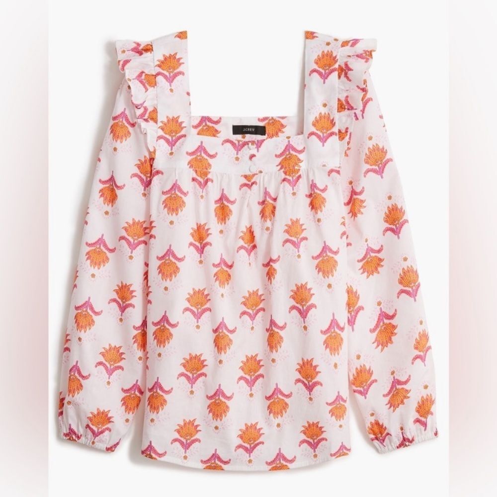 J. Crew White Square-Neck Ruffle Top Blouse with
Pink & Orange Floral Print Sz M